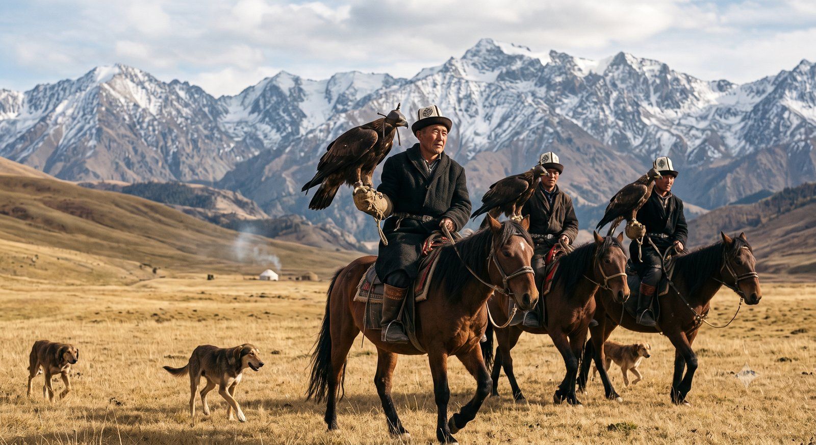 Three Kyrgyz eagle hunters on horseback with golden eagles and taigan hounds before snow-capped mountains.