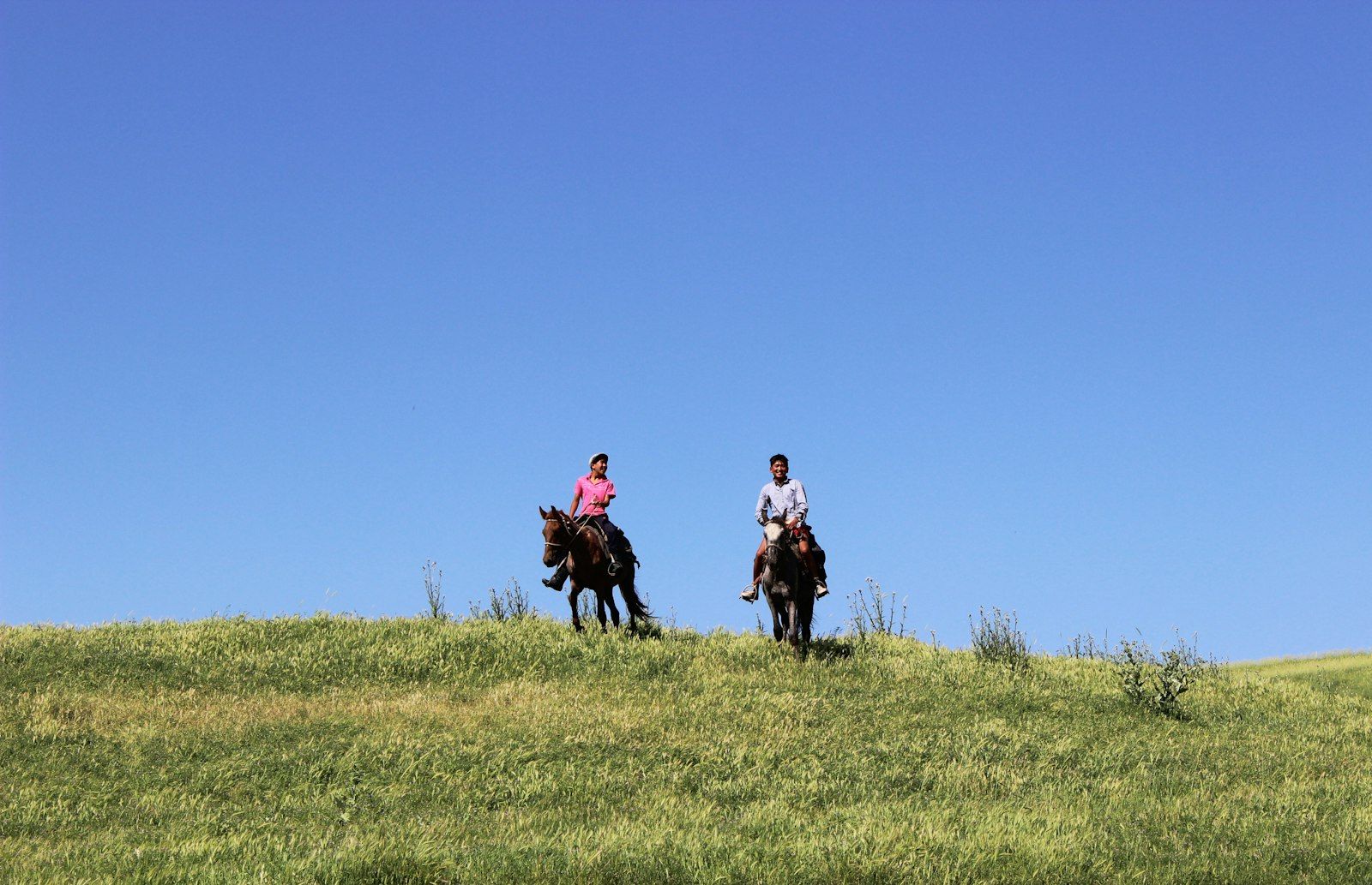 Two riders on horseback crossing an open green hillside under a clear blue sky.