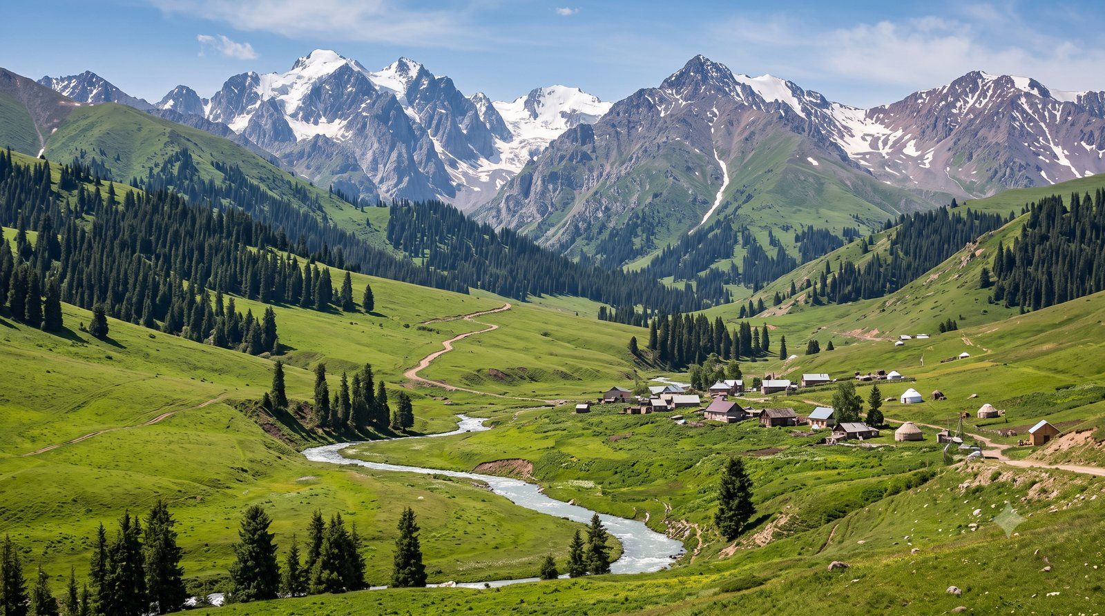 The green Jyrgalan valley with a winding river and a small village below snow-capped peaks.