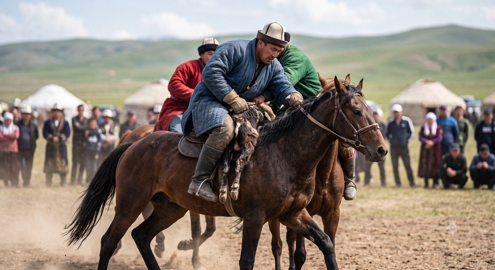 Two Kyrgyz riders grapple for the goat carcass in a kok-boru match, spectators and yurts behind.