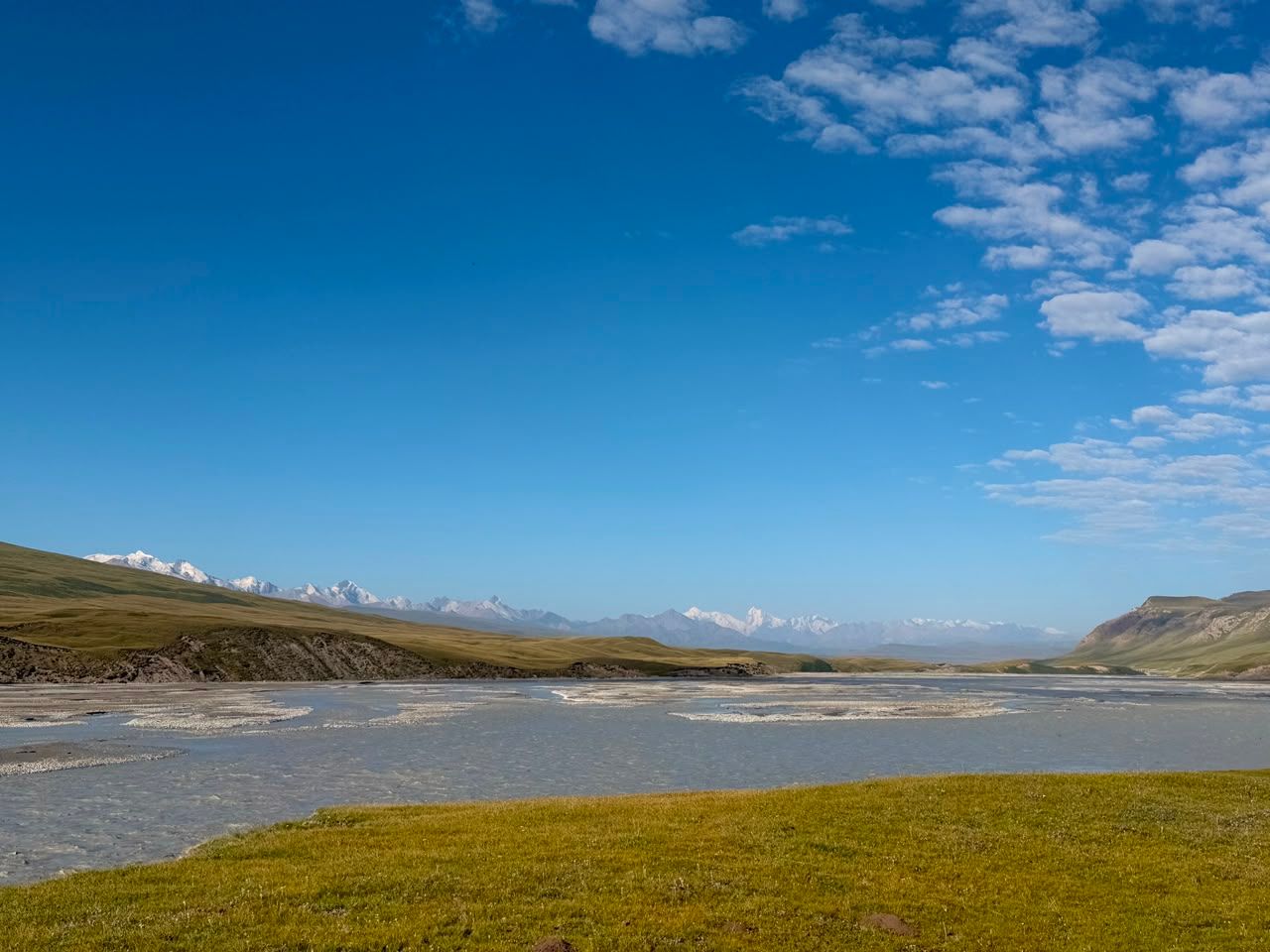 River or lake edge across an open alpine valley under a wide blue sky.