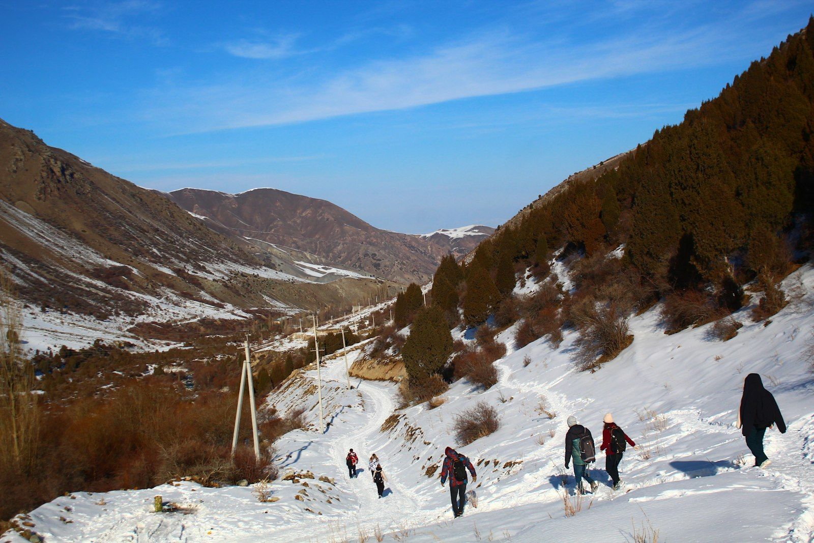Ski tourers climbing a snow-covered Kyrgyz mountain valley under a clear blue sky.