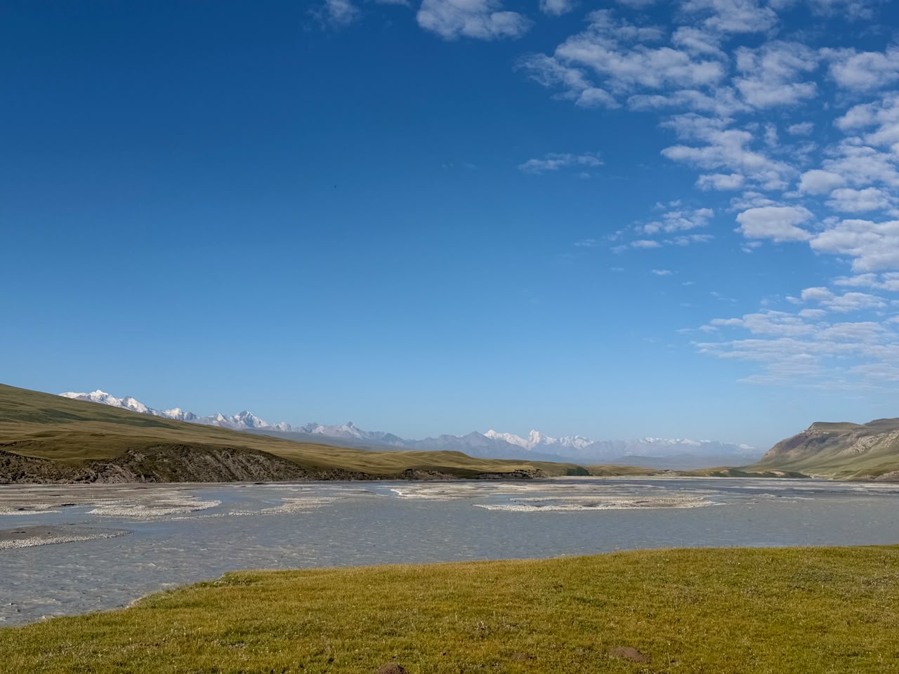 River or lake edge across an open alpine valley under a wide blue sky.